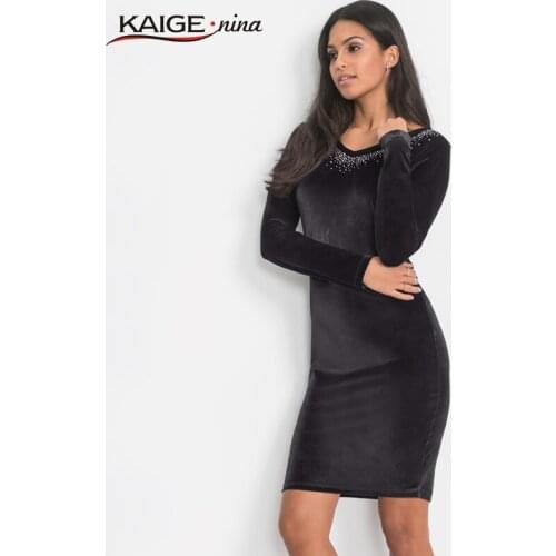 Hot Sale Sexy Elegant Sheath England Style Womens Dress Knee-Length V-Neck Solid Slim Fit Autumn Lady Dress 18057