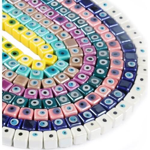 8mm Evil Eyes Square Ceramic Porcelain Beads Loose Spacer Cube Beads for Jewelry Making DIY Handmade Bracelets Necklaces 15inch