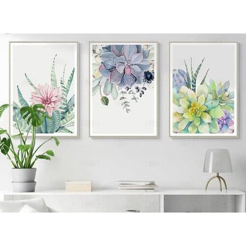 Watercolour Plants Canvas Painting Nordic Succulents Leaf Cactus Flowers Poster Wall Art Pictures for Living Room Unframed