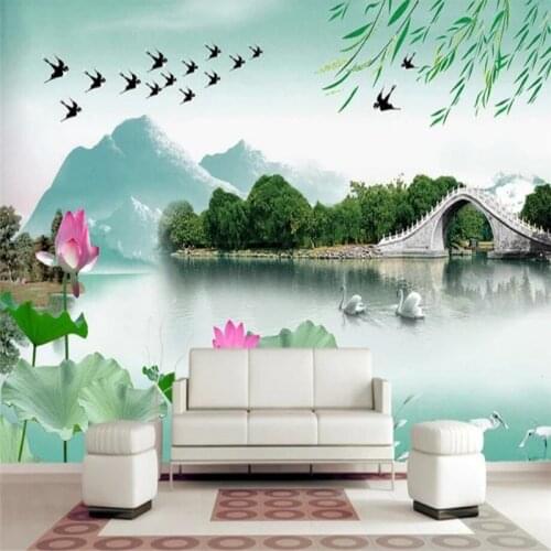 Seamless wallpaper Chinese style Jiangnan lotus wicker swan swallow landscape background wall painting