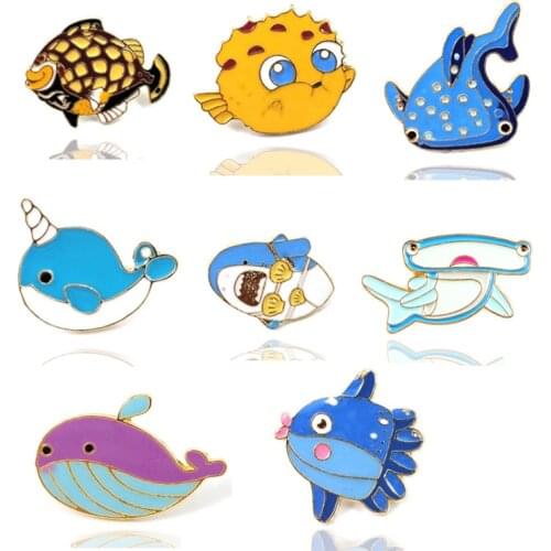 Sea Creatures Enamel Pins Funny Cute Shark Taiyaki Whale Puffer Fish Octopus Dolphin Brooches Ocean Jewelry Gift