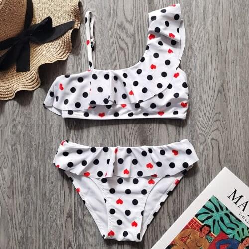 Falbala Girl Swimsuit Kids Dot Heart Two Piece Childrens Swimwear 7-14 Years Girl Bikini Set Padded Girl Bathing Suit Beachwear