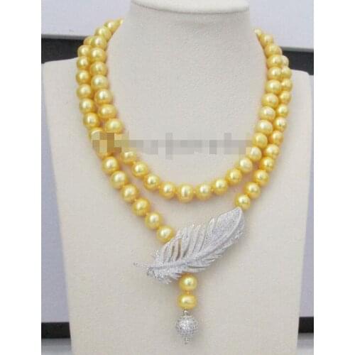 35" 10-11mm round freshwater pearl necklace zircon pendant