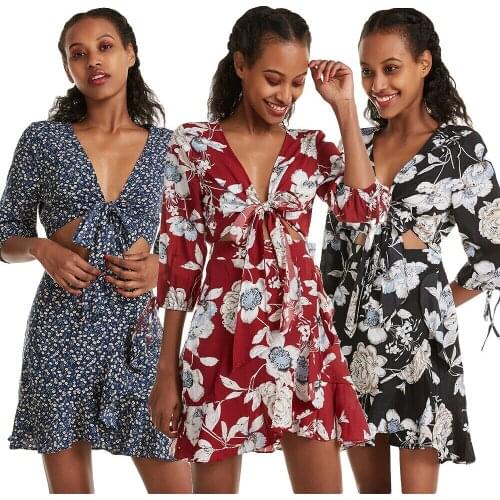 Fashion Summer Women V-neck Sundress Casual Floral Print Mini Dresses Summer Beach Holiday Lace Up Bowknot Half Sleeve Clothing