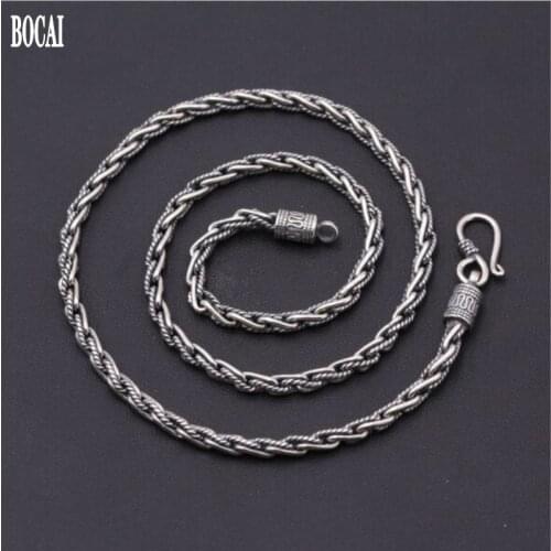 100% S925 pure silver jewelry vintage Thai silver necklace for man popular hand-woven twist 4mm 925 silver men silver necklace