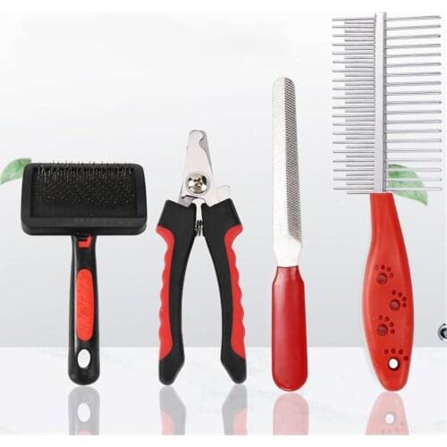 Pet Grooming Set 4 Piece Dog Stainless Steel Nail Clippers Cutter Scissor With Sickle Professional Cat Multi-purpose Needle Comb