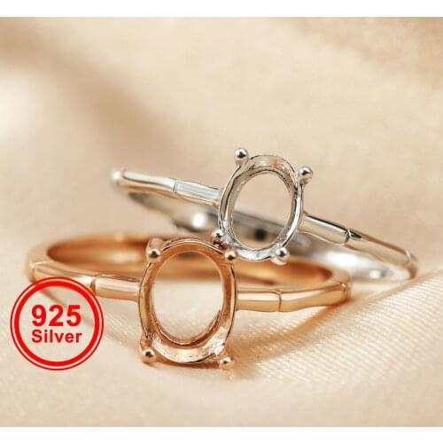 Multiple sizes bamboo rose gold silver oval Gems CZ stone prong bezel solid 925 sterling silver adjustable ring settings 1224015