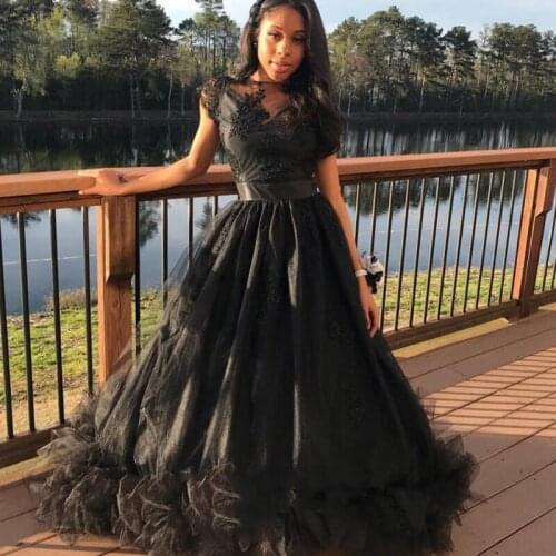 Charming Black Evening Dress O-neck Cap Sleeve A-line Floor Length Prom Gown Custom Made