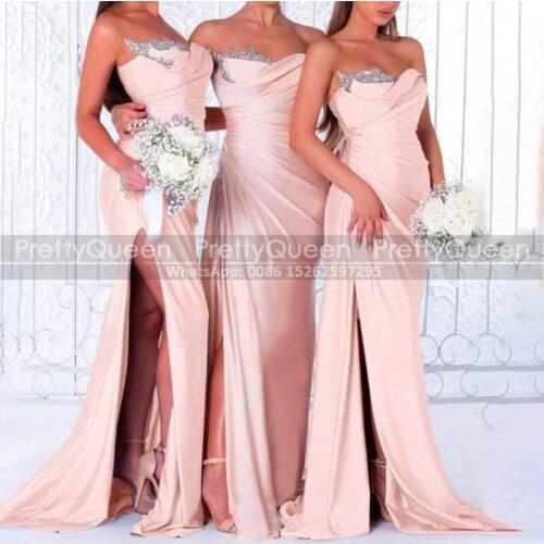 Peach Mermaid Bridesmaid Dresses With Beads Appliques Mermaid Sexy High Split Strapless Long Maid Of Honor Dress Bridal Party