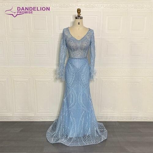 Luxury Blue Mermaid Evening Dresses For Women 2021 Beading Feathers V­-Neck Long Sleeves Handmade Formal Party Gowns