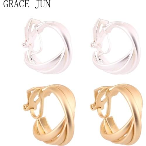 GRACE JUN Korea Style Hoop Copper Material Geometric Clip on Earrings Without Pierced Elegant Cuff Ear Clip Anti-allergy New