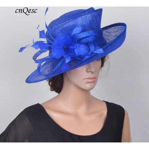 NEW BIG up brim Royal blue Sinamay Hat formal dress hat headpiece with feathers flower for Kentucky derby.wedding church