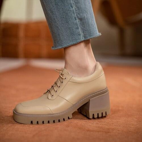 Genuine Leather Lace-up Women Shoes Fashion Deep Mouth Spring/Autumn Pumps Square Toe Thick Heel Handmade Shoes Woman Size 34-39