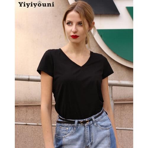 Yiyiyouni Casual V-Neck Solid Basic T-shirt Women Summer Cotton Short Sleeve Tee-Shirt Women Simple White Black Korean Tops 2021