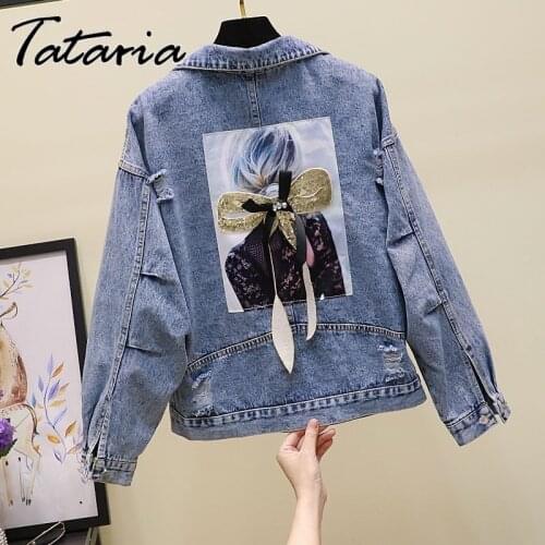 Women Embroidery Flowers Denim Jacket Turn-down Collar Jean Jacket for Women Loose Casual Ripped Holes Jean Coat Female Outwear