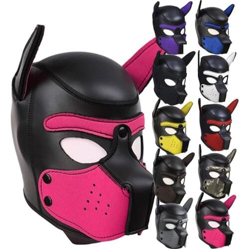 Party Headgear Puppy Dog Hood Mask Padded Latex Rubber Role Play Cosplay Full Head+Ears Halloween Mask Sex Toys For Couples