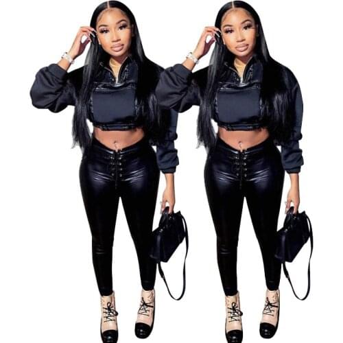 Echoine Women Fashion Biker Pants SetsLong Sleeves Top Stand Neck Patchwork PU Leather Skinny Pants two piece set fall clothes