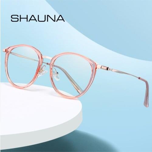SHAUNA Fashion Anti Blue Light Round Women TR90 Metal Eyeglasses Frame Retro Spring Hinge Men Optical Frame Computer Glasses