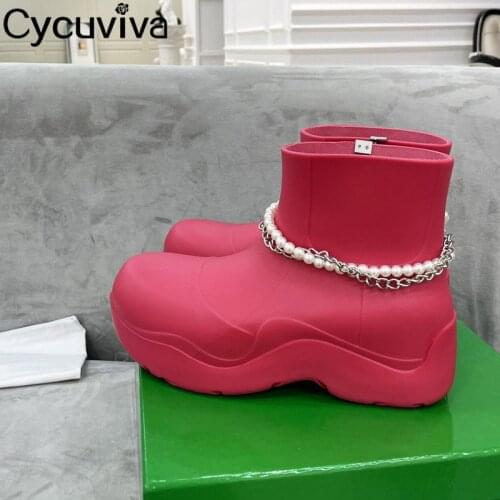 Designer Rubber Pearl Decorate Rainboots Women Shoes Slip On Platform Heels Women New Brand Casual Botas Round Toe Shoes Female