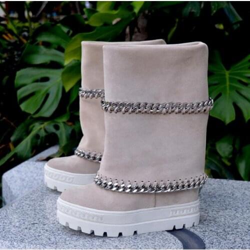 Woman Black Beige Chains Height Increasing Mid-calf Boots 8 cm Hidden Wedge Thick Sole Platform Slip On Fold Short Boots Shoes