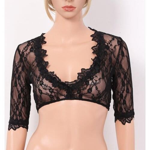 Women Erotic Tank Crop Top Pole Dance Oktoberfest Rave Costume Deep V Neck Half Sleeve Sheer Lace Pullover Dirndl Blouse Tops