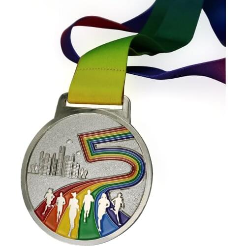 1PCS Dia 70MM City Marathon Sports Silver Color Medals with Colorful Ribbon Soft Enamel Running Medal