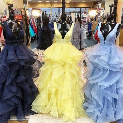 Ball Gown Prom Dress 2k19 Deep V Neck V Back Ruffles vestidos de fiesta largos elegantes de gala Yellow Blue bestidos de gala