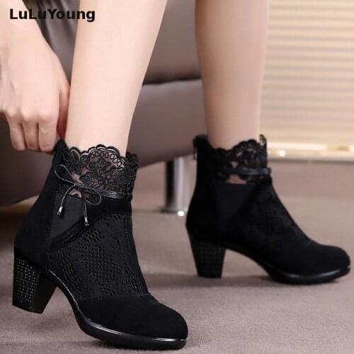Cow Suede Leather Spring And Autumn Boots Medium Hells Shoes Womens
