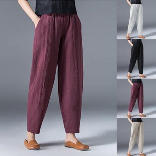 New Casual Womens Pants Breathable Cotton Linen Pocket Elastic Waist Loose Trousers Pant Daily Simple High Quality Pants 2021