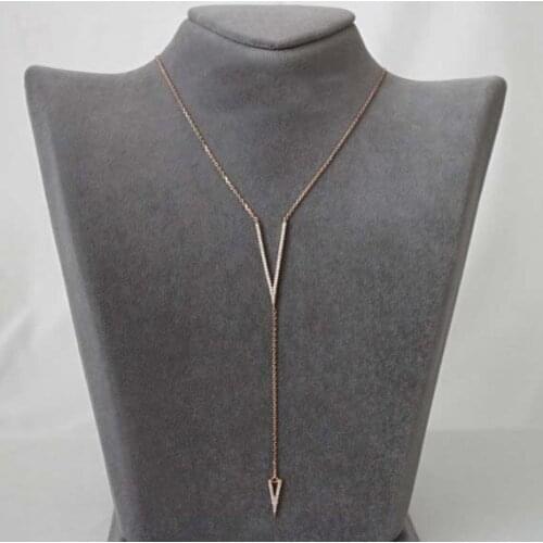 Rose gold color long chain letter V micro pave clear cz V charm sexy ladies gift summer OL lady lariat necklace