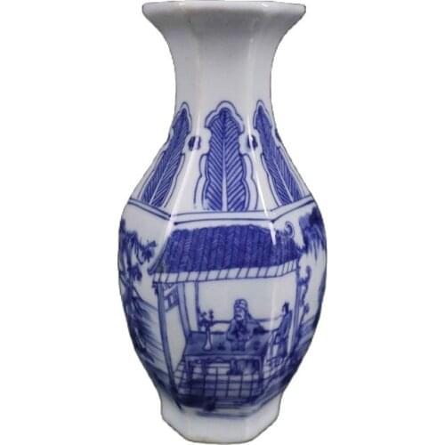 Jingdezhen Ceramic Vase hand painted blue and white figure pattern hexagonal Vase ornament flower arrangement tea art