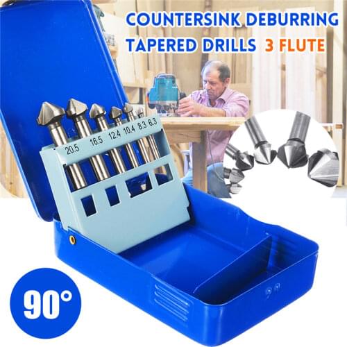 6Pcs 3 Flute 90 Degree HSS Titanium Chamfering End Mill Cutter Countersink Deburring Tapered Drill Bit Set 6.3-20.5m
