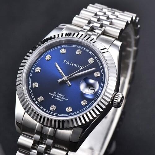 New 39.5mm PARNIS blue dial 21 jewels miyota luminous Date automatic mens watch