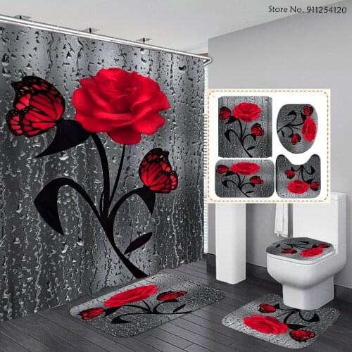 4pcs Rose Butterfly Bathroom Non-Slip Mat Set Flower Waterproof Shower Curtain Set Pedestal Rug Lid Toilet Cover Bath Mat Rugs