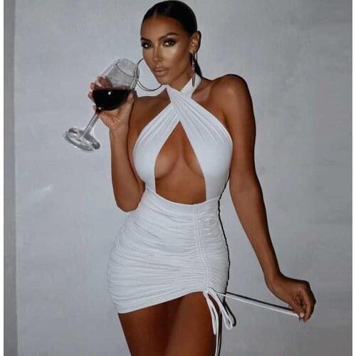 2021 New Spring Summer Fashion Blackless Hollow Out Sexy Hanging Neck Bandage Puff Rucksack Hip Womens Dress Z972