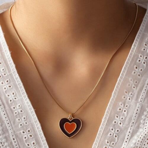 New Ins Vintage Brown Double Heart Necklace Simple Cute Drop Oil Heart Necklaces For Women Girls Fashion Jewelry Gift