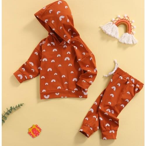 FOCUSNORM 0-3Y Infant Baby Boys Girls Autumn Clothes Sets 2pcs Rainbow Printed Long Sleeve Hooded Tops Pants
