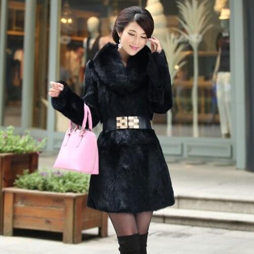 Full pelt 100% natural rabbit fur jacket coat 2015 womens winter clothing fox fur collar long overcoat outerwear coats D30