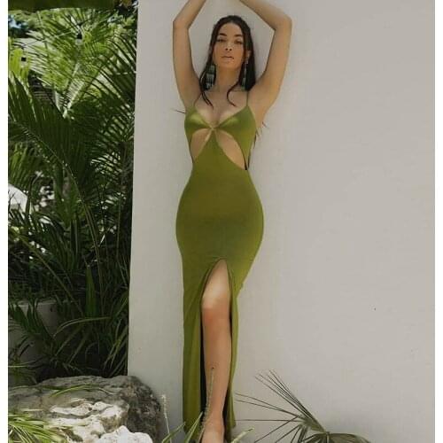 Summer Spaghetti Strap Sexy High Split Prom Party Maxi Dress Women Backless Hollow Out Beach Long Dress Vacation Slip Dresses