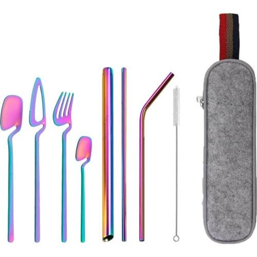 Portable Reusable Travel Camping Cutlery Set Spoon Fork Set Stainless Steel Metal Straws Cutlery Storage Bag Kitchen Accessory