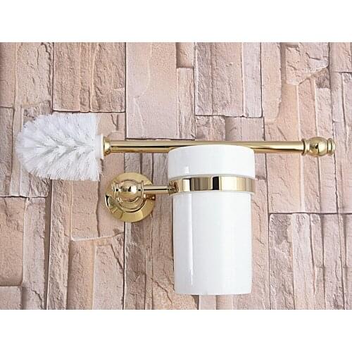 Luxury Golden Polished Brass Wall Mounted Toilet Brush & Holder Set White Brush Ceramic Cup Bathroom Accessory aba313