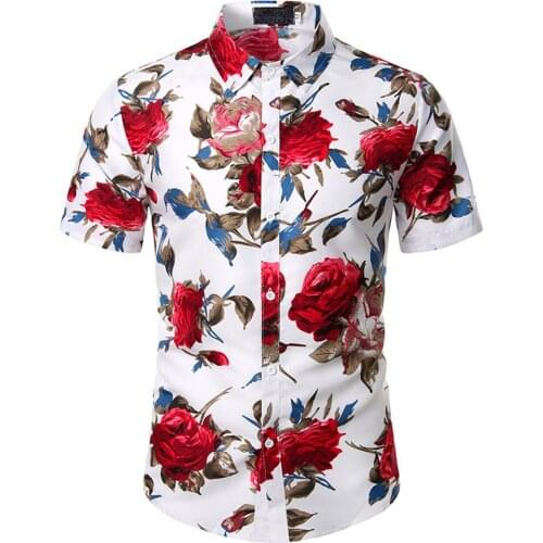 Fashionable 2020 Mens Casual Shirts Spring Summer Short Sleeve Rose Floral Print Linen Shirts Man Holiday Outwear Slim Fit Tops