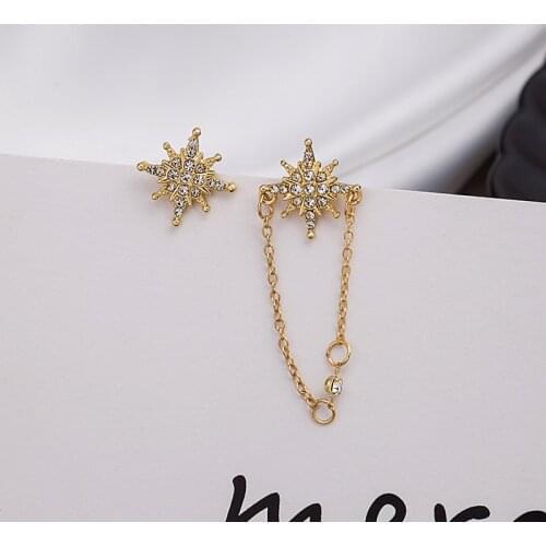 Sparkly CZ Zircon Asymmetric Star Earrings for Women Gold Color Chain Octagon Dangle Drop Earrings Fashion Korean Jewelry Gift