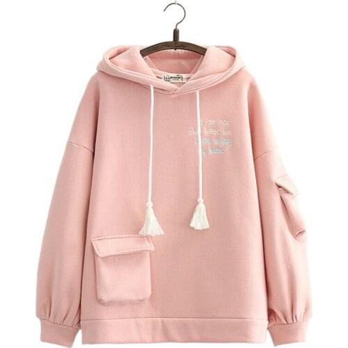 Solid pink letter embroidery fleece thic hoodies and sweatshirts 2020 winter long sleeve pocket hooded pullover sweet Tracksuits