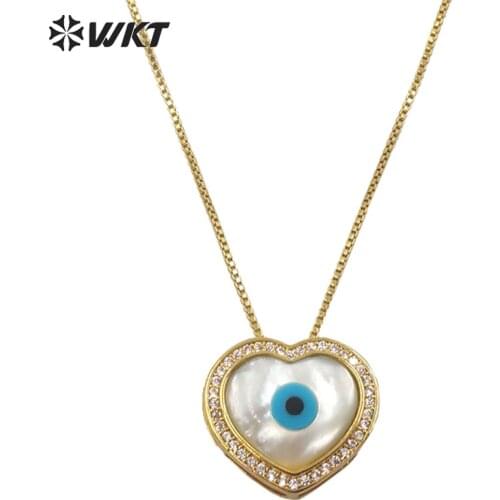 WT-MN973 Wholesale Fashion Gold electroplated micropave cubic zircon white pearl shell eye heart pendant necklace in adjustable