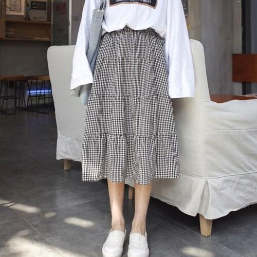 2020 Spring Summer Plaid Pleated Skirt Elastic Waist Midi Long A-line Skirt Womens Korean Ulzzang Harajuku Vintage Loose Skirts