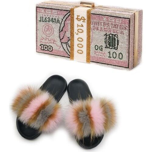 Womens Exquisite Crystal Dollar Clutch Luxury Designer Handbags Fashion Fluffy Fox Fur Slides Ladies Furry Fur Flip Flops Hot