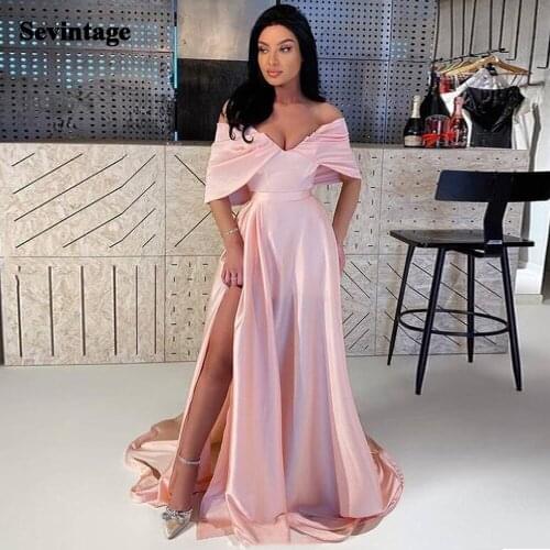 Sevintage Pink A Line Long Prom Dresses with Slit Satin Womens Formal Dress Off The Shoulder Plus Size Evening Party Gowns