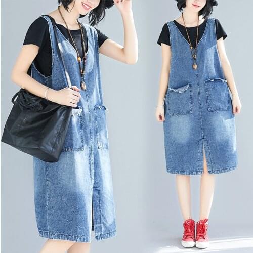 Spring Autumn Straps Denim Dresses Women Sleeveless Plus Size Straight Pockets Distressed Jeans Dress Vintage Loose Pocket Dress