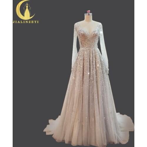 JIALINZEYI Real Image Luxurious beads Sequins Long Sleeves Grey Open Back Fashion Party Formal Dress evening Dresses